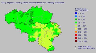 Evolution des maxima horaires en ozone – 30 juin 2005 (source CELINE)